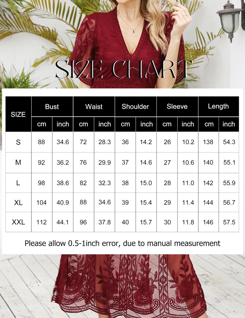 Eleter Women's Deep V-Neck Lace Romper Short Sleeve Long Dress(S,Wine Red) - Image 4